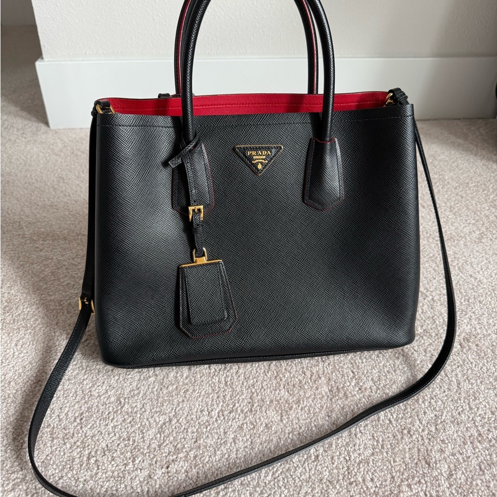 Prada Double Medium Saffiano Bag in black/red